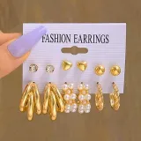 Vintage Pearl Stone Golden Hoop Earrings Set (6 pairs)